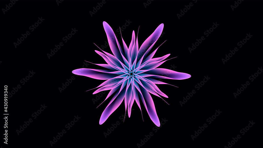 Pink neon flower for abstract art on dark background. Glow bloom. 
