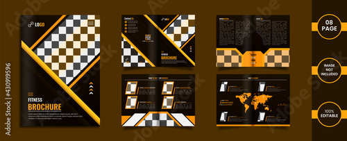 Gym 8page Bifold Brochure design with yellow color abstract shapes and Information. photo