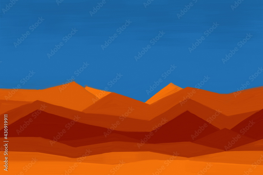 Minimalism landscape painting, african desert, simple color palette artwork. Minimal geometric shapes painted with dark blue sky and hot sand