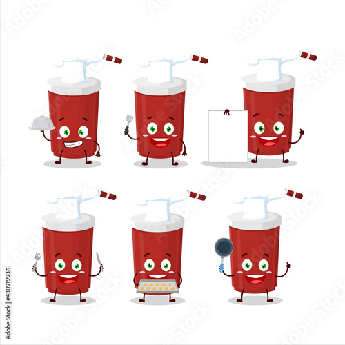 Cartoon character of red cardboard cup with various chef emoticons