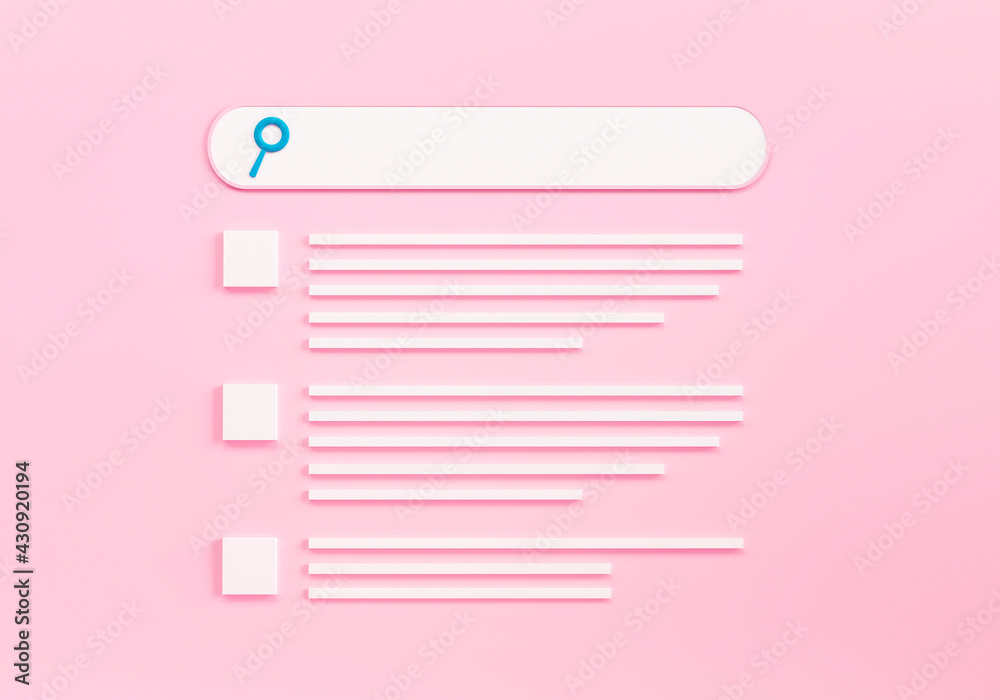 Search bar on pink background. Research information for scientific work. Internet inquiries webpage. Online shopping and product search. 3d render illustration. Search bar on pink background. Research information for scientific work. Internet inquiries webpage. Online shopping and product search. 3d render illustration.