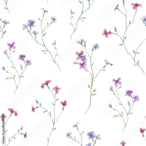 Beautiful seamless floral pattern with gentle watercolor hand drawn purple wild field flowers. Stock illustration.