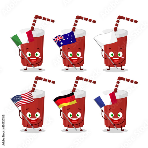 Red cardboard cup cartoon character bring the flags of various countries