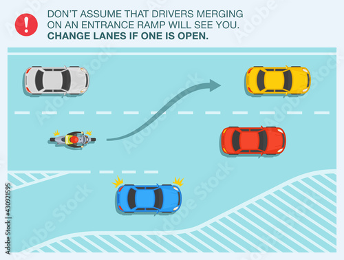 Motorcycle safety driving. Blue sedan car is merging on an entrance ramp. Bike rider changes the lane to minimize the potential for danger. Flat vector illustration template.