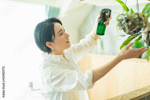 出勤前に観葉植物に水をやる女性
