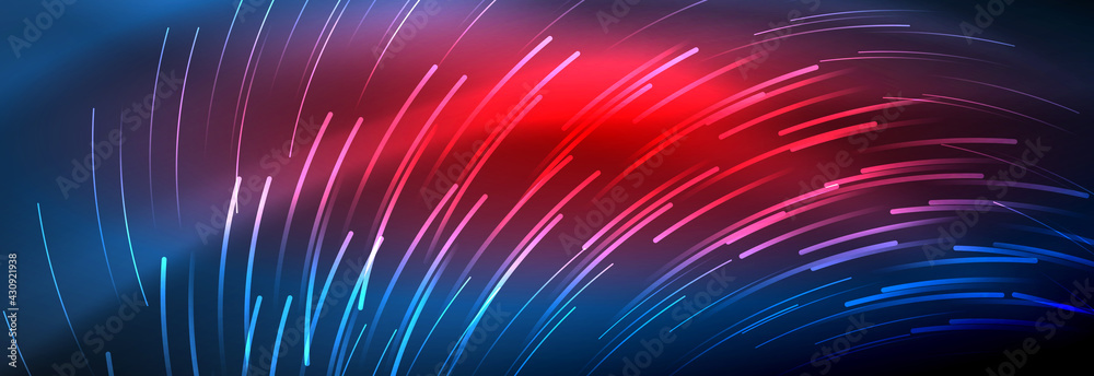 Neon glowing lines, magic energy and light motion background. Vector wallpaper template Neon glowing lines, magic energy and light motion background. Vector wallpaper template