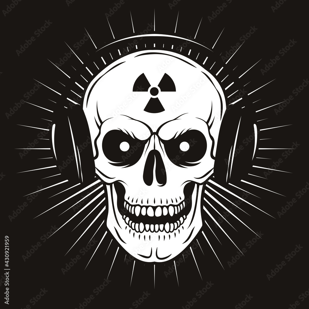 Fototapeta premium Vector grunge human skull with headphones and radiation sign