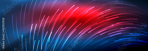 Neon glowing lines, magic energy and light motion background. Vector wallpaper template
