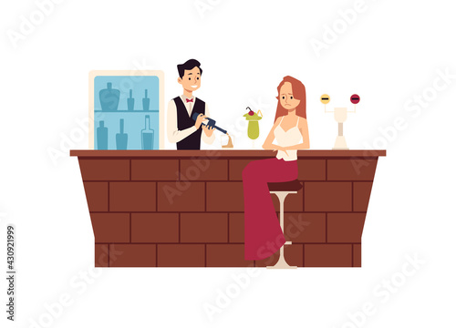 Lonely upset woman sitting at bar counter and drinking flat vector illustration.