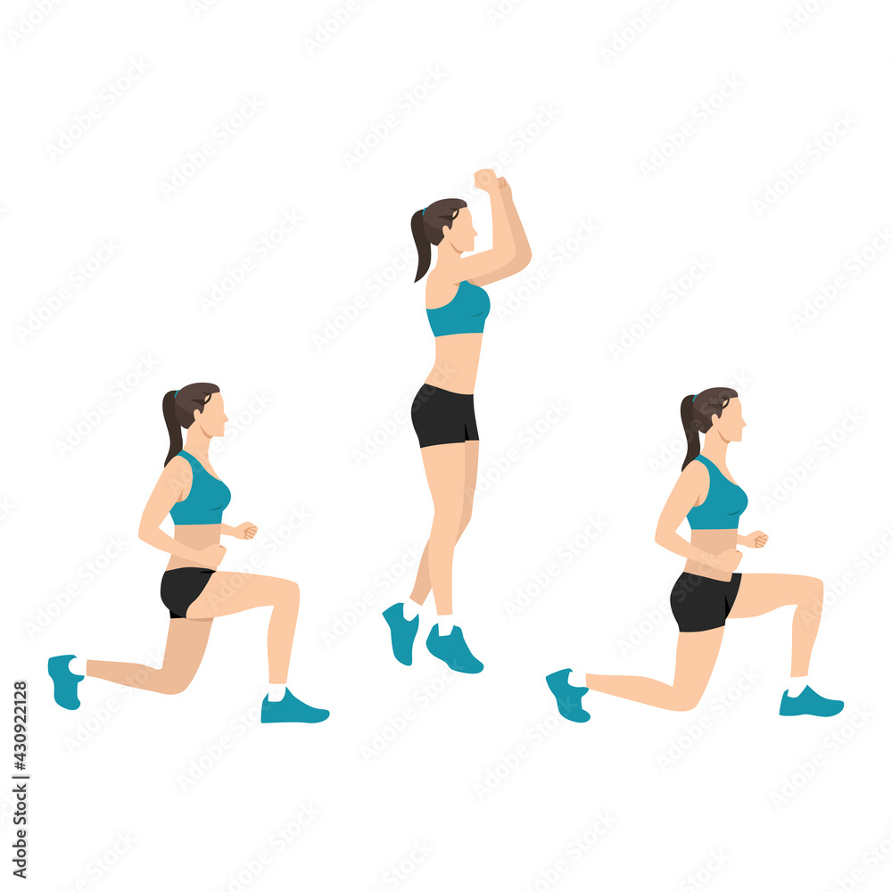 Woman doing explosive jumping alternating lunges exercise flat vector illustration isolated on white background Woman doing explosive jumping alternating lunges exercise flat vector illustration isolated on white background