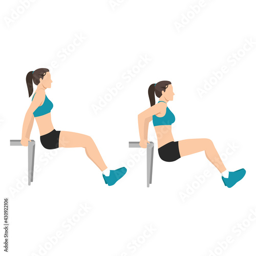 Woman doing bench tricep dips exercise flat vector illustration isolated on white background
