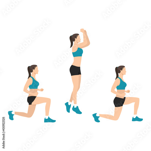 Woman doing explosive jumping alternating lunges exercise flat vector illustration isolated on white background