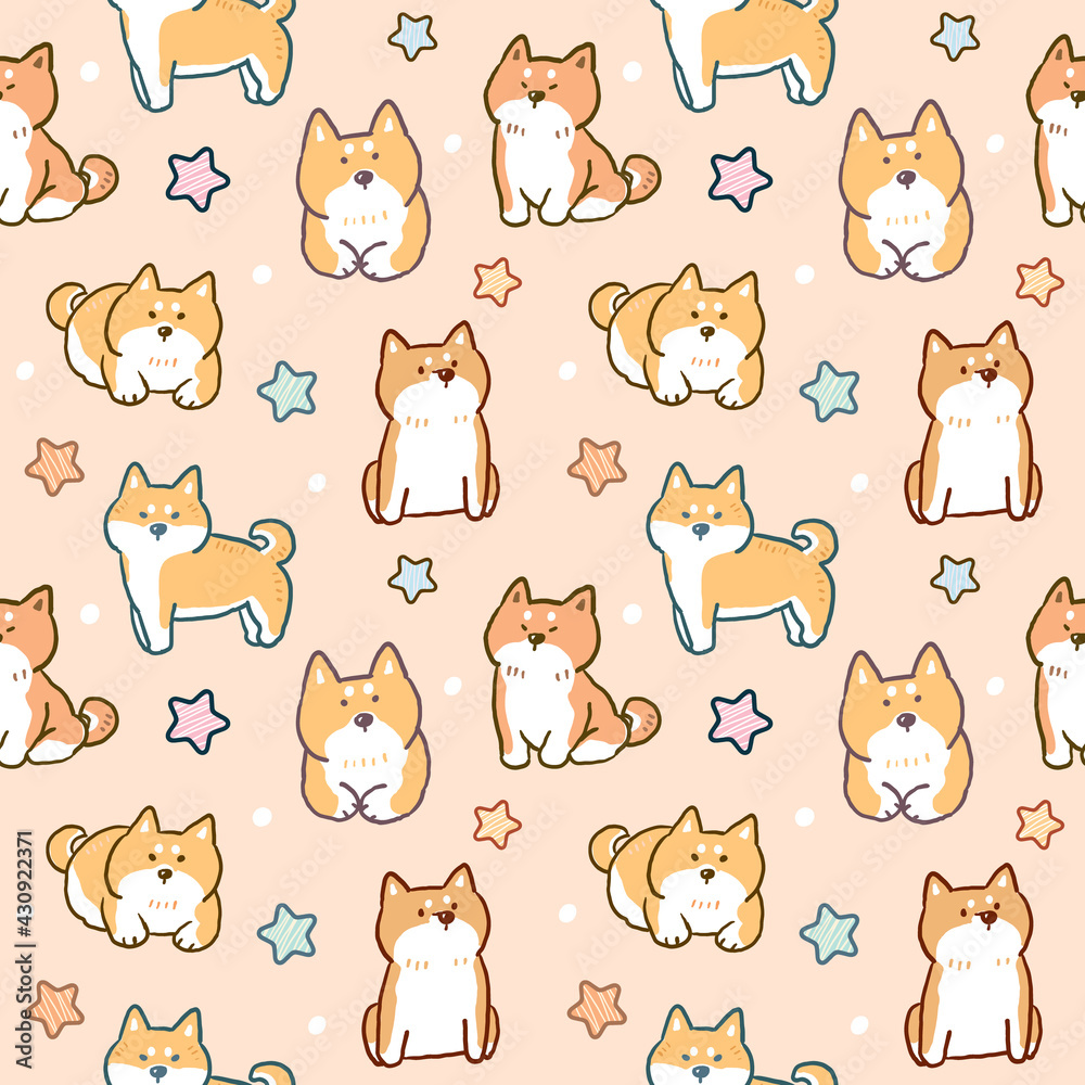 Seamless Pattern of Cartoon Shiba Inu Dog and Star Design on Light Orange Color Background Seamless Pattern of Cartoon Shiba Inu Dog and Star Design on Light Orange Color Background