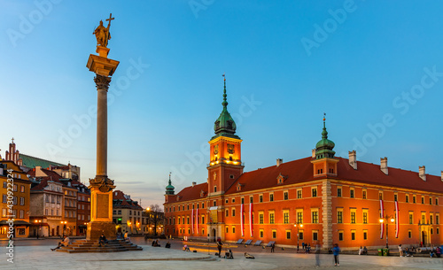 Evening panorama of Castle Square with Royal Castle and Sigismund III Waza column in Starowka Old Town historic district of Warsaw, Poland