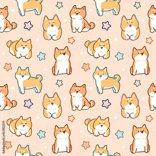 Fototapeta Naklejka Na Ścianę i Meble -  Seamless Pattern of Cartoon Shiba Inu Dog and Star Design on Light Orange Color Background