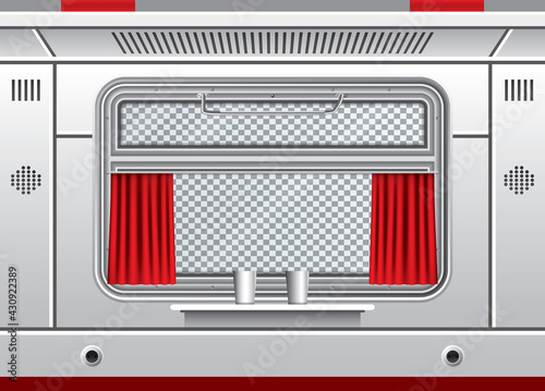Train Wagon Interior with Window and Red Curtain. Train Travel. Comfortable Voyage.