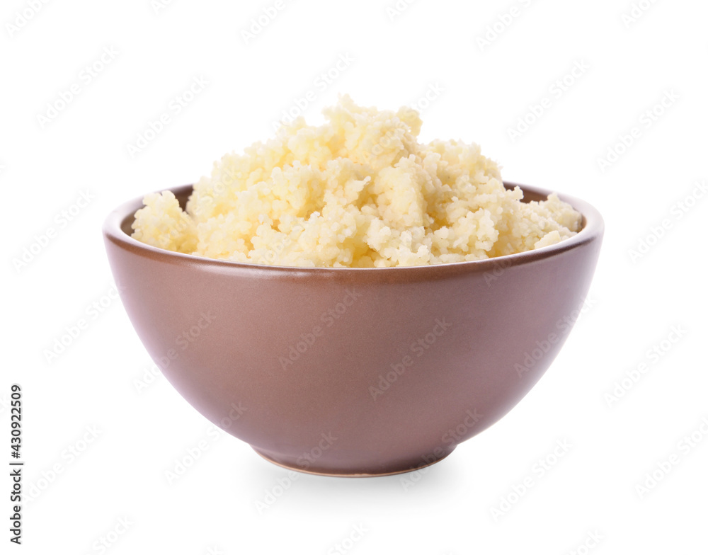Bowl with tasty couscous on white background Bowl with tasty couscous on white background