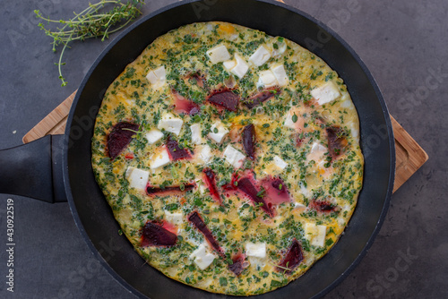 Spring food; healthy frittata with beetroot and cheese