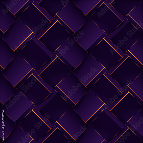 Dark purple seamless geometric pattern. Realistic 3d cubes with thin golden lines. template for for wallpapers, textile, fabric, wrapping paper, backgrounds. Texture with volume extrude effect.