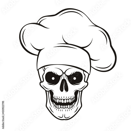 Grinning skull in chef hat. Cartoon chef skull. Vector illustration