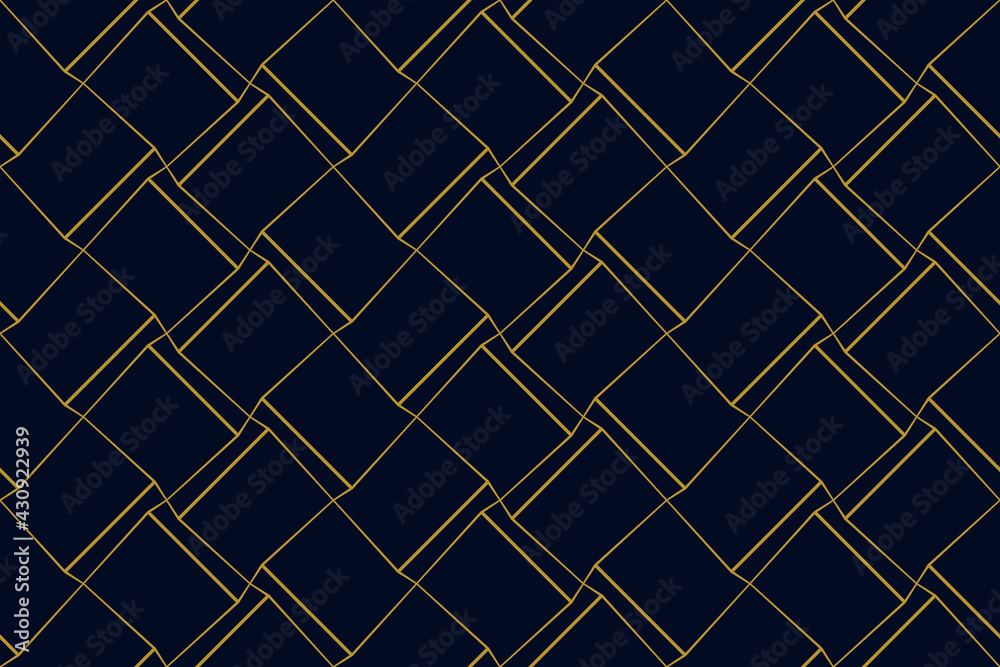 Geometric cubic seamless pattern with thin golden lines on dark blue background. illustration for wallpapers, textile, fabric, wrapping paper, backgrounds. Geometric cubic seamless pattern with thin golden lines on dark blue background. illustration for wallpapers, textile, fabric, wrapping paper, backgrounds.