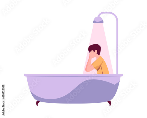 Lonely depressed dressed man in a bathtub, flat vector illustration isolated.