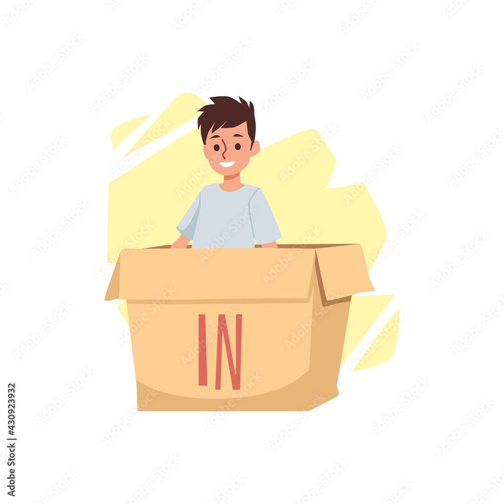 Child in box with written preposition In, flat vector illustration isolated. Child in box with written preposition In, flat vector illustration isolated.