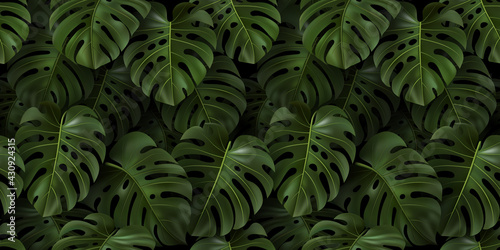 Botanical illustration with tropical green 3D leaves Monstera on dark background. Realistic seamless pattern for textile, hawaiian style, wallpaper, sites, card, fabric, web design. template.