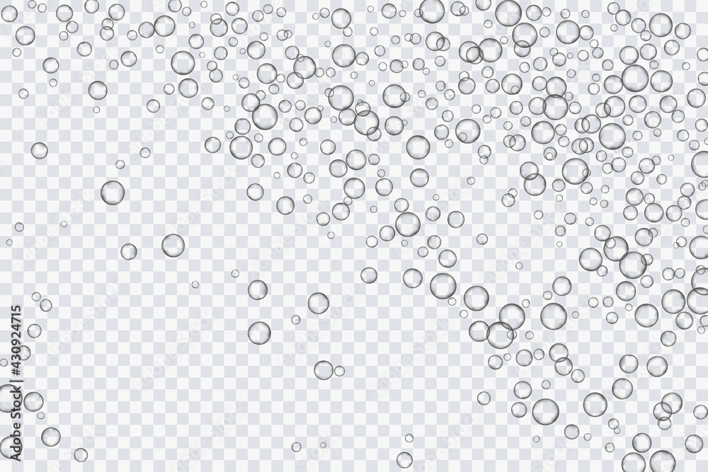 Air bubbles, oxygen, champagne crystal clear, isolated on a transparent background of modern design. Vector illustration of EPS 10.