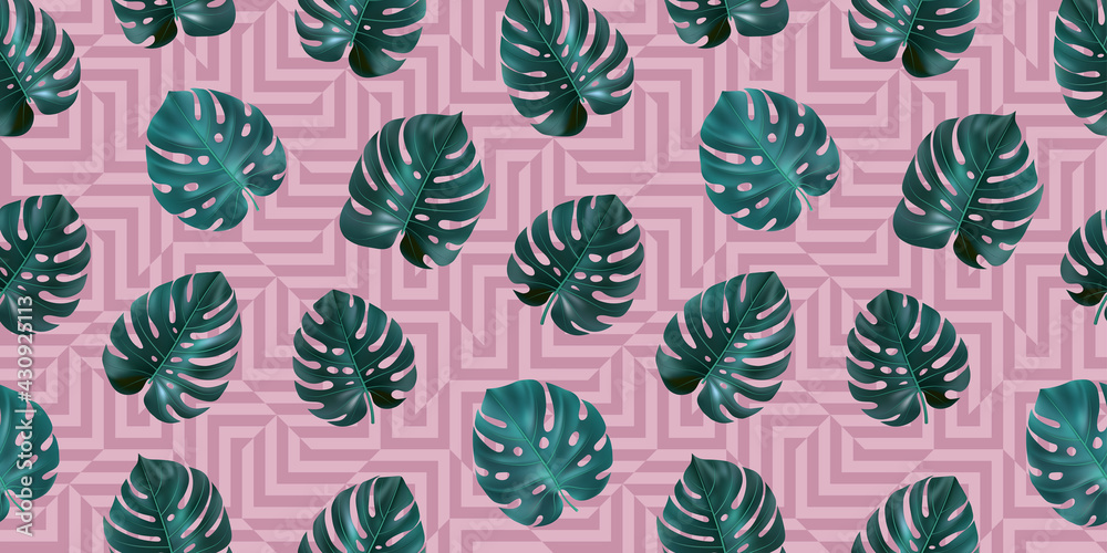 Tropical seamless pattern with green leaves monstera on pink geometric background. template for textile, wallpaper, sites, card, fabric, web design. Tropical seamless pattern with green leaves monstera on pink geometric background. template for textile, wallpaper, sites, card, fabric, web design.