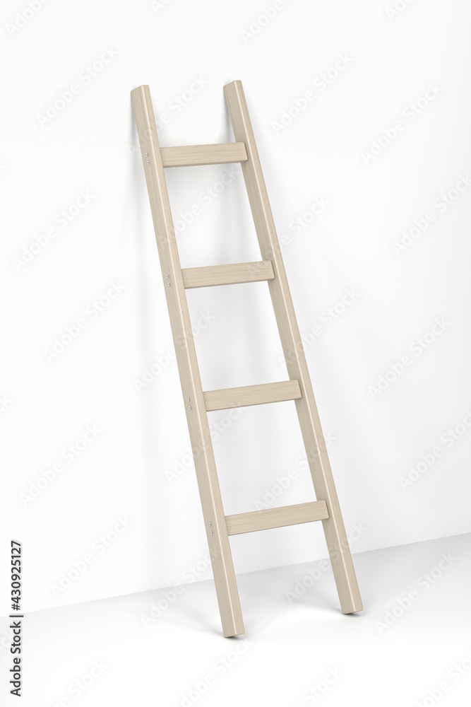 Wooden ladder leaning against the white wall Wooden ladder leaning against the white wall