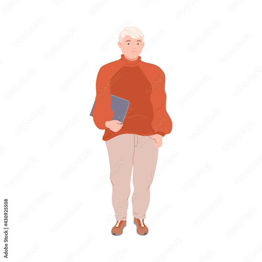 Fototapeta premium Blond Man Character with Corpulent Body in Standing Pose Full Length Vector Illustration