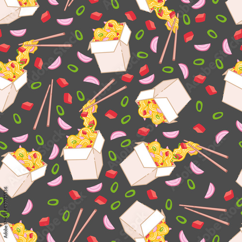 Wok with vegetables and egg noodles. Traditional asian food. Chinese, Japanese cuisine. Fast food takeout in a box. Minimalistic flat design. Seamless background with pattern.