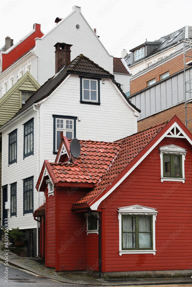 Traditional Norwegian wooden houses. Street view
