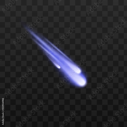 Blue space meteors, comets, meteorites or asteroids with light plume on dark sky