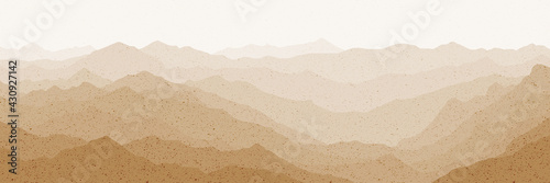 Sunrise in the mountains, panoramic view, vector illustration. Sepia shades, retro effect.