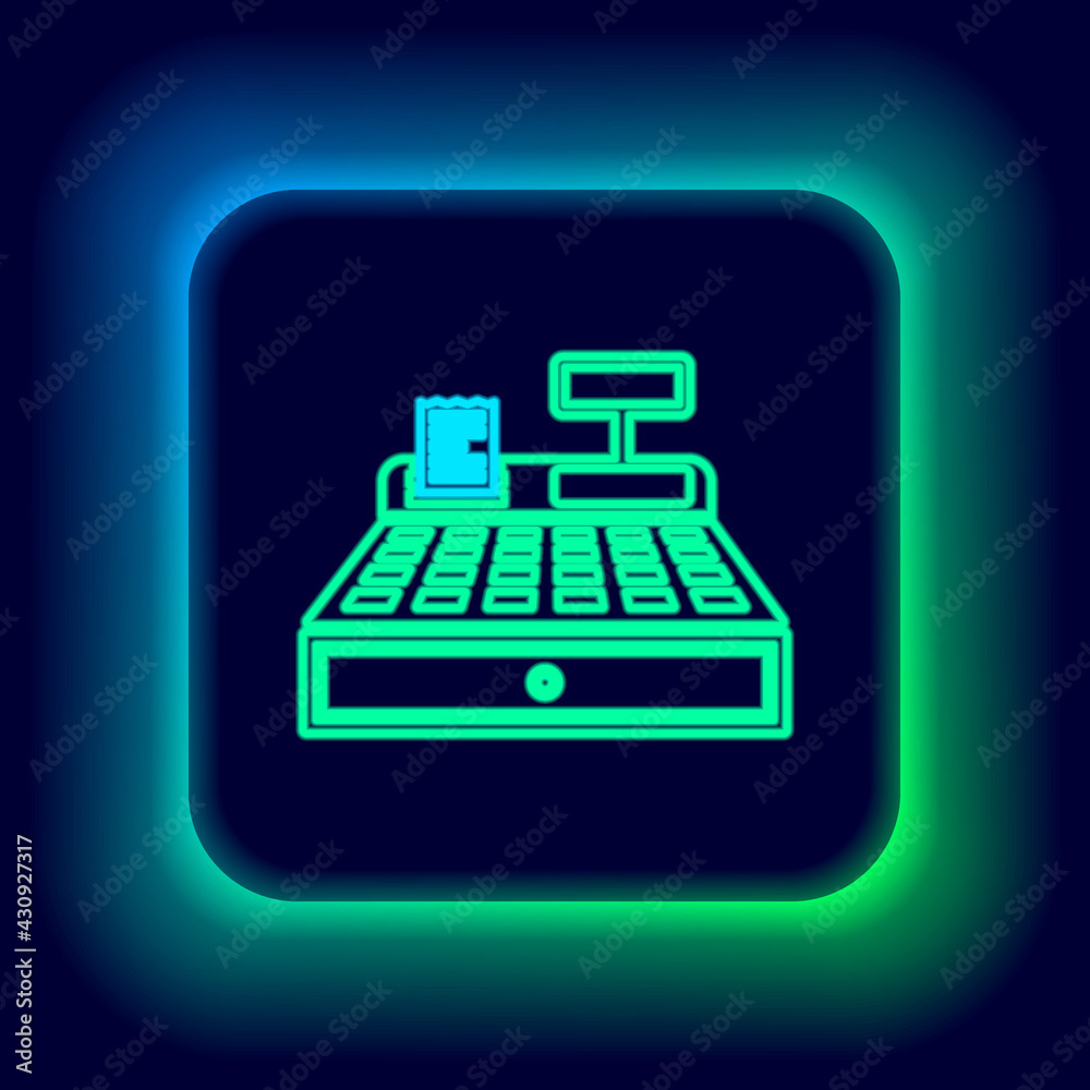 Glowing neon line Cash register machine with a check icon isolated on black background. Cashier sign. Cashbox symbol. Colorful outline concept. Vector Glowing neon line Cash register machine with a check icon isolated on black background. Cashier sign. Cashbox symbol. Colorful outline concept. Vector