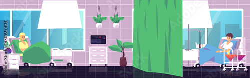 Hospital wards with patients and medical equipment, flat vector illustration.