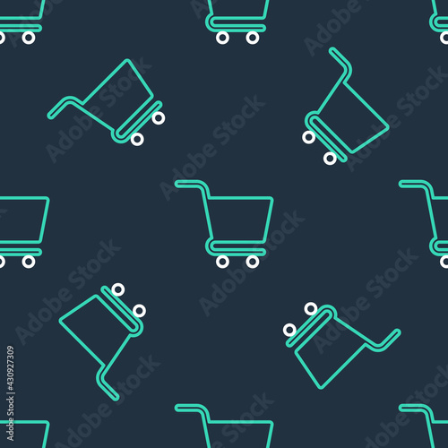 Line Shopping cart icon isolated seamless pattern on black background. Online buying concept. Delivery service sign. Supermarket basket symbol. Vector