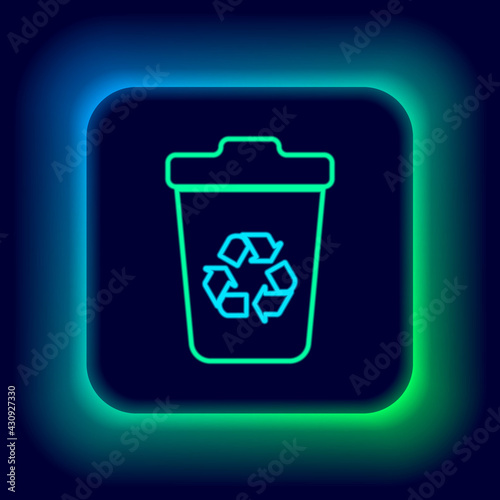 Glowing neon line Recycle bin with recycle symbol icon isolated on black background. Trash can icon. Garbage bin sign. Recycle basket sign. Colorful outline concept. Vector