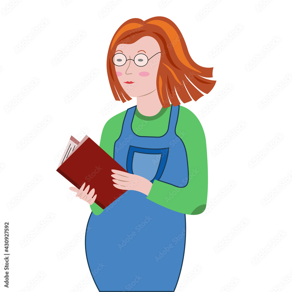 Pregnant woman read baby book. Redhead pregnant girl in denim overalls and glasses. Vector cartoon illustration. Pregnant woman read baby book. Redhead pregnant girl in denim overalls and glasses. Vector cartoon illustration.