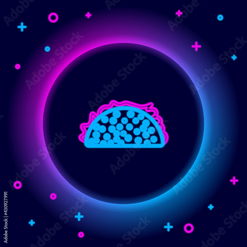 Glowing neon line Taco with tortilla icon isolated on black background. Traditional mexican fast food. Colorful outline concept. Vector
