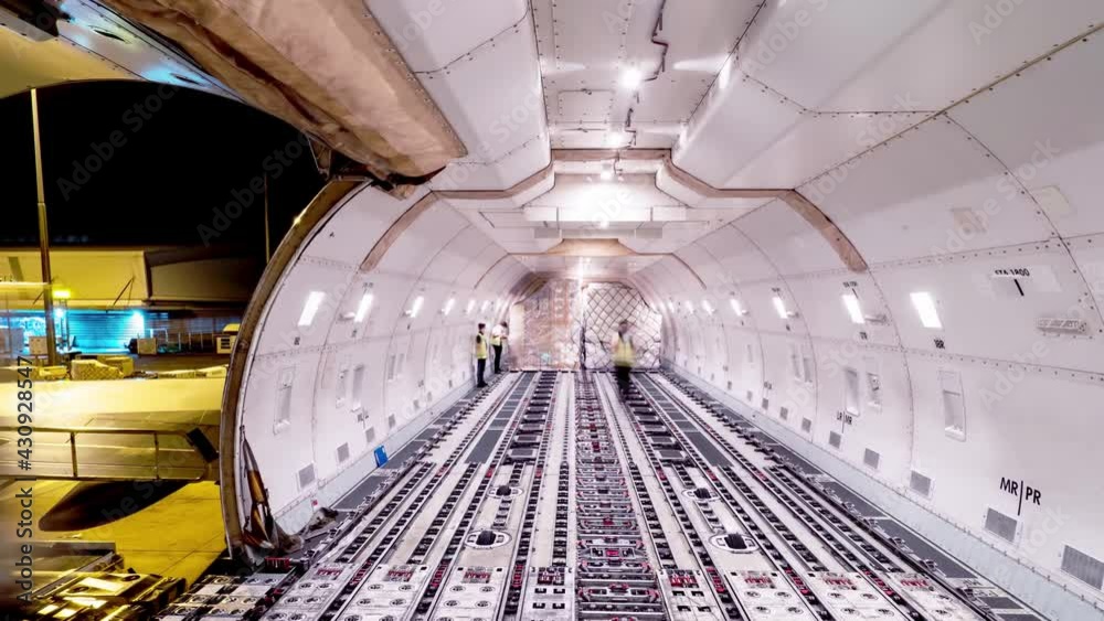 Loading air cargo freighter inside aircraft cargo hold extended loop	
