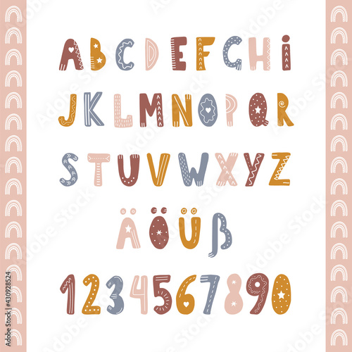 Hand drawn german alphabet in boho style. Cute childish letters and numbers for banners, nursery design, postcards. Clipart isolated in white background. Vector illustration in flat cartoon style.