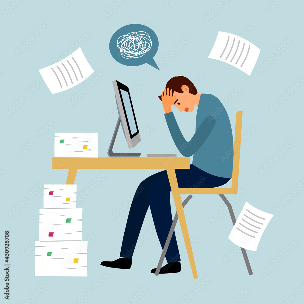 Man feel stress in office. Headache while working with computer and documents. Work load deadline. Stress at work.