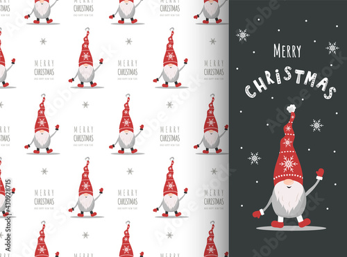 Christmas card with gnome in red hat. Cute scandinavian elves on seamless pattern. Vector illustration in cartoon style. New year design for wrapping paper, textiles, fabric.
