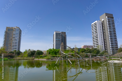 Landscape of the lake between buildings in the PARQUE DE DIAGONAL MAR in the city of BARCELONA