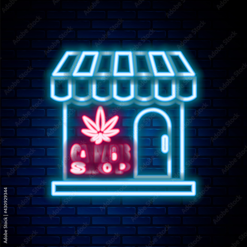 Glowing neon line Marijuana and cannabis store icon isolated on brick wall background. Equipment and accessories for smoking, storing medical cannabis. Colorful outline concept. Vector Glowing neon line Marijuana and cannabis store icon isolated on brick wall background. Equipment and accessories for smoking, storing medical cannabis. Colorful outline concept. Vector