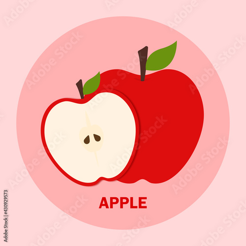 Flat red apple vector png for icon logo and clipart in cute cartoon background fruits