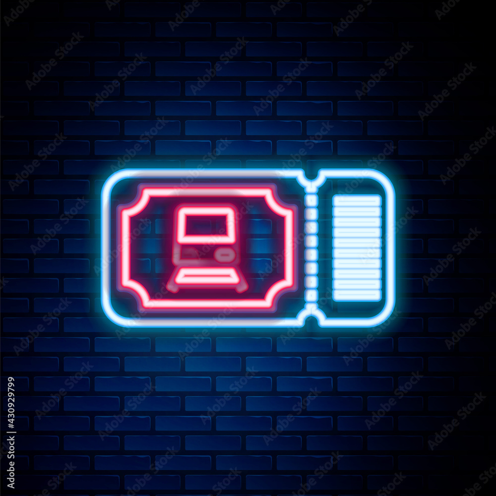 Glowing neon line Train ticket icon isolated on brick wall background. Travel by railway. Colorful outline concept. Vector Glowing neon line Train ticket icon isolated on brick wall background. Travel by railway. Colorful outline concept. Vector